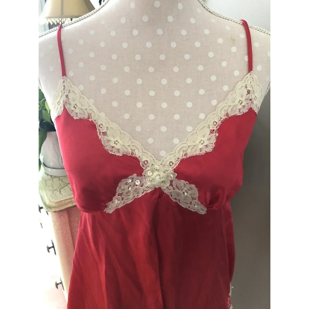 Vtg Secret Treasures Red Shiny Satin Polyester Lace Trim Nightie Sequins Women L - Picture 2 of 14